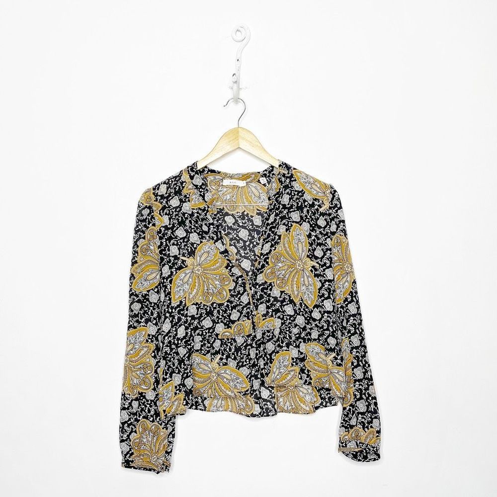 A.L.C. LOX SILK PRINTED TOP floral black long sleeve boho keyhole WOMENS 4